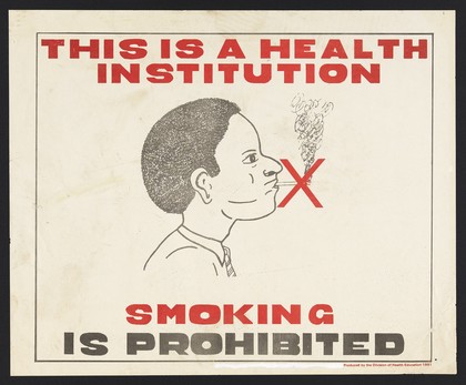 A man puffs on a cigarette obscured by a red cross: anti-smoking campaign in Kenya. Colour lithograph by Division of Health Education, 1991.