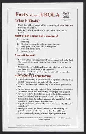 Fact sheet about Ebola virus in Kenya. Colour lithograph by Division of Health Education, ca. 2000.