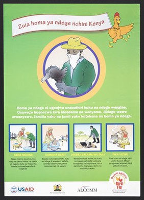 Illustrated ways to prevent bird flu in Kenya. Colour lithograph by The National Taskforce on Avian Influenza, ca. 2000.