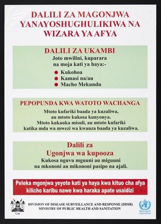 List of diseases and their symptoms covered by the Division of Disease Surveillance and Response in Kenya. Colour lithograph by Ministry of Public Health and Sanitation, ca. 2000.