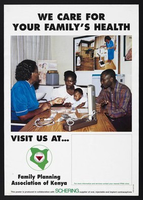 A health advisor gives contraception to a couple with their baby: family planning clinics in Kenya. Colour lithograph by Family Planning Association of Kenya, 1998.