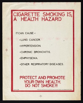 Health risks of cigarette smoking: anti-smoking campaign in Kenya. Colour lithograph by Division of Health Education, 1980.