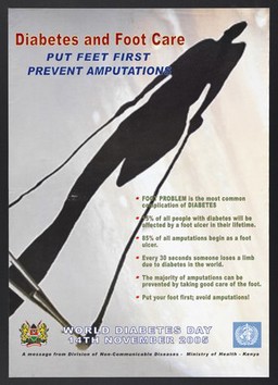 Silhouette of a one-legged figure on crutches: World Diabetes Day in Kenya. Colour lithograph by Ministry of Health, 2005.