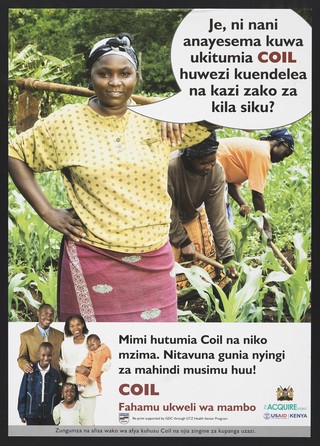 A woman tending corn in a field recommends using the coil: the Acquire Project for family planning in Kenya. Colour lithograph by Ministry of Health, ca. 2000.