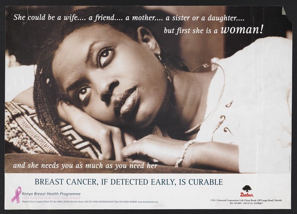 A woman with her head leaning on her hand: preventing breast cancer in Kenya. Colour lithograph by Barbara Minishi for Kenya Breast Health Programme, ca. 2000.