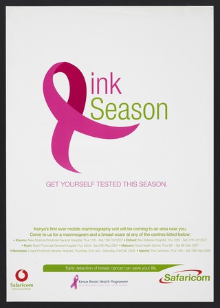 The breast cancer pink ribbon emblem representing the word 'pink': mobile mammography units in Kenya. Colour lithograph by Safaricom Foundation, ca. 2007.