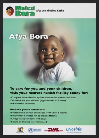A smiling healthy baby: child health care in Kenya. Colour lithograph by Ministry of Public Health and Sanitation, ca. 2000.