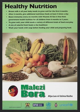 Various foods representing healthy nutrition in Kenya. Colour lithograph by Ministry of Health, ca. 2000.