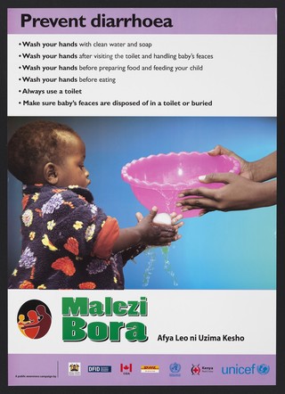 A child washing his hands with soap and water: preventing diarrhoea in Kenya. Colour lithograph by Ministry of Health, ca. 2000.