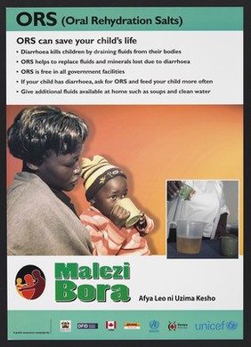 A child drinking a cup of oral rehydration salts: treating diarrhoea in Kenya. Colour lithograph by Ministry of Health, ca. 2000.