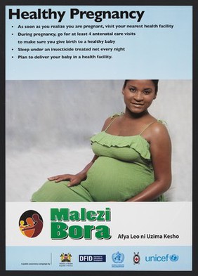 A healthy pregnant woman: antenatal care in Kenya. Colour lithograph by Ministry of Health, ca. 2000.