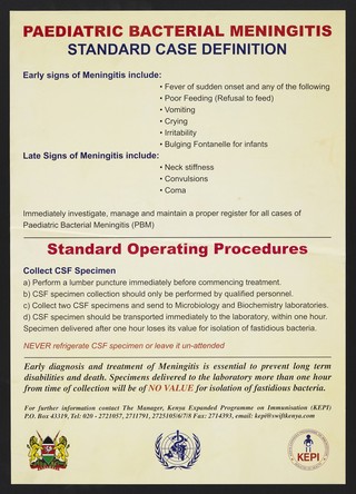 Paediatric case definition and operating procedures for meningitis in Kenya. Colour lithograph by the Ministry of Health, ca. 2000.