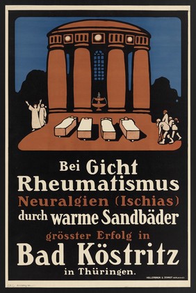 A temple with a fountain, representing sandbath treatment for gout and other diseases at Bad Köstritz. Colour lithograph attributed to P. Scheurich, ca. 1910.