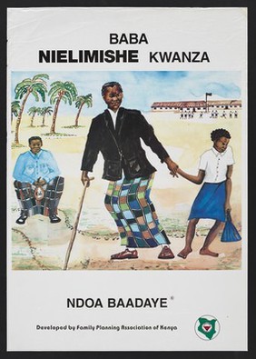 A father with a stick pulls his daughter, a school girl towards a seated man: preventing female circumcision in Kenya. Colour lithograph by the Family Planning Association of Kenya, ca. 2000.