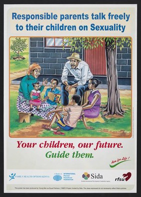 Parents talking to their children about sexuality: sexual health education in Kenya. Colour lithograph by Ben Nyan'oma for the Young Men as Equal Partners (YMEP) Project, ca. 2000.