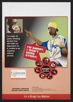 A boy points to another who drinks alcohol: National campaign against drug abuse in Kenya. Colour lithograph by NACADA, ca. 2000.