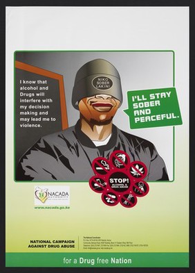 A man wearing a hat bearing the words 'Niko Sober Lakini' over his eyes: National campaign against drug abuse in Kenya. Colour lithograph by NACADA, ca. 2000.