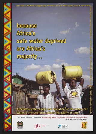 A man and woman carrying barrels of water on their heads: Conference on water sanitation for the urban poor in Kenya. Colour lithograph by the Ministry of Water and Irrigation, 2006.