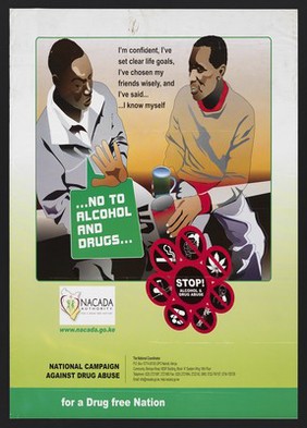 A man refuses the offer of a drink: National campaign against drug abuse in Kenya. Colour lithograph by NACADA, ca. 2000.