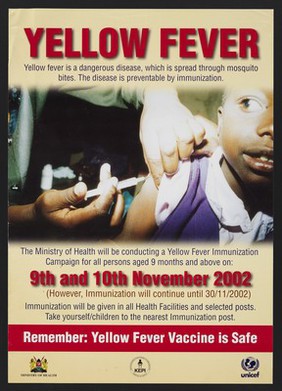 A child receiving an injection: yellow fever immunization in Kenya. Colour lithograph by Ministry of HealthKEPI and Unicef, 2002.