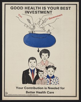 Money being inserted into a purse above the heads of a family: investing in health care in Kenya. Colour lithograph by Division of Health Education, ca. 2000.