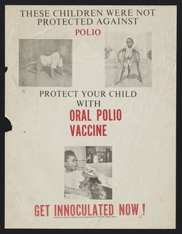 Two children with disabilities and another receiving a vaccine: polio innoculation in Kenya. Colour lithograph by Division of Health Education, ca. 2000.