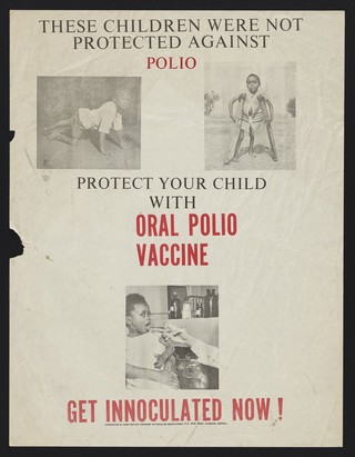 Two children with disabilities and another receiving a vaccine: polio innoculation in Kenya. Colour lithograph by Division of Health Education, ca. 2000.