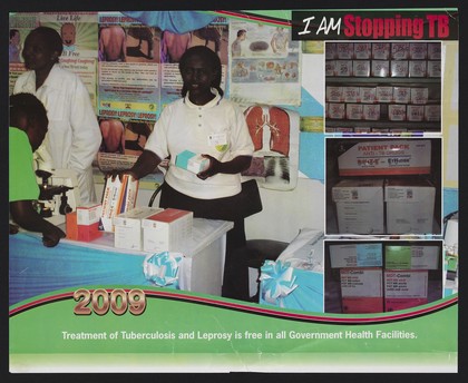 A woman behind a health facility counter displaying anti-tuberculosis drugs with tuberculosis and leprosy posters behind: tuberculosis and leprosy prevention in Kenya. Lithograph by Ministry of Public Health and Sanitation, 2009.