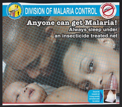 A family beneath a mosquito net: preventing malaria in Kenya. Colour lithograph by Ministry of Health Division of Malaria Control, ca. 2000.