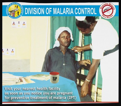 A pregnant woman receiving treatment for malaria: preventing malaria in Kenya. Colour lithograph by Ministry of Health Division of Malaria Control, ca. 2000.