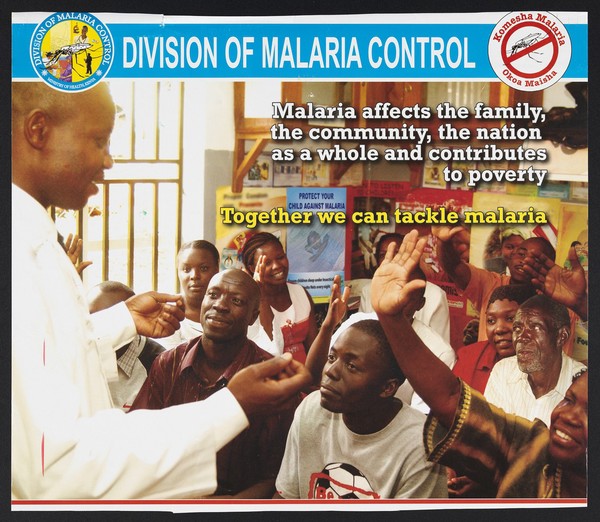 A group of Africans applauding and listening to a doctor: preventing malaria in Kenya. Colour lithograph by Ministry of Health Division of Malaria Control, ca. 2000.