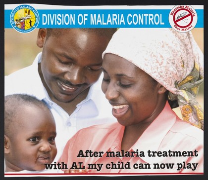 A man and woman smiling at their baby: preventing malaria in Kenya. Colour lithograph by Ministry of Health Division of Malaria Control, ca. 2000.