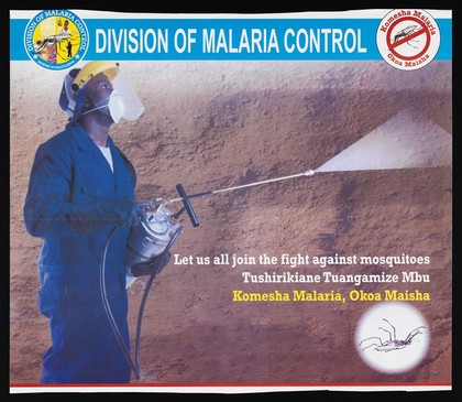 A man in protective clothing spraying a wall with insecticide: preventing malaria in Kenya. Colour lithograph by Ministry of Health Division of Malaria Control, ca. 2000.