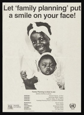 A smiling mother with her child: family planning at Marie Stopes clinics in Kenya. Lithograph by the Population Media, ca. 2000.