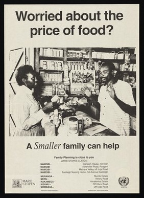 A man raises his arms before a woman selling him food over a shop counter: promoting smaller families through family planning at Marie Stopes clinics in Kenya. Lithograph by Population Media, ca. 2000.