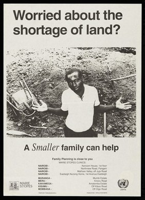 A man with arms outstretched in desperation in a barren landscape: promoting smaller families through family planning at Marie Stopes clinics in Kenya. Lithograph by Population Media, ca. 2000.