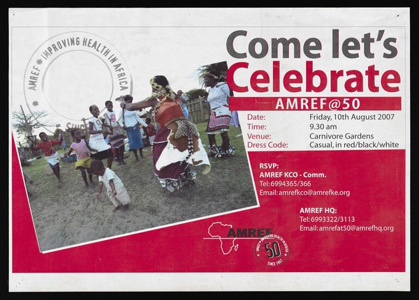 Women in tribal dress dancing with children: commemorating 50 years of AMREF and improving health in Kenya. Colour lithograph by Ministry of Health, 2007.