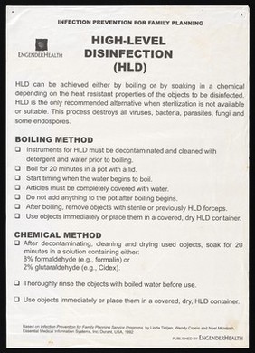 High level disinfection methods to prevent infection in Kenya. Lithograph by Engender Health, ca. 1992.