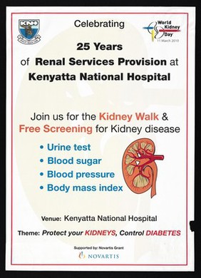 A kidney representing free screening to mark World Kidney Day on 11 March 2010 in Kenya. Colour lithograph, 2010.