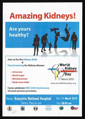 Silhouette figures with red kidneys highlight representing free screening to mark World Kidney Day on 11 March 2010 in Kenya. Colour lithograph, 2010.