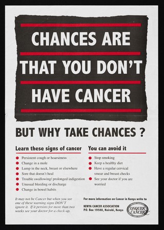 Signs of cancer and how to avoid it. Colour lithograph by Kenya Cancer Association, ca. 2000.