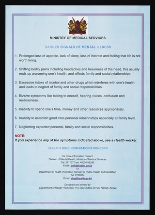 List of danger signals of mental illness in Kenya. Colour lithograph by Ministry of Medical Services, ca. 2000.