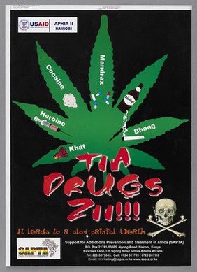 A green leaf bearing illustrations of addictive drugs in Kenya. Colour lithograph by SAPTA, ca. 2000.