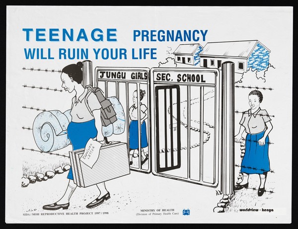 A pregnant girl holding an expulsion letter from school: teenage pregnancy in Kenya. Colour lithograph by Ministry of Health, 1997.