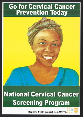 A smiling woman representing the National Cervical Cancer Screening Program in Kenya. Colour lithograph by UNFPA, ca. 2000.