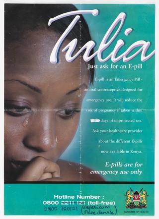 A girl sheds a tear: reducing risk of pregnancy with emergency oral contraceptive in Kenya. Colour lithograph by Ministry of Health, ca. 2000.