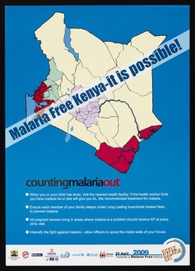 A map of Kenya: World Malaria Day in Kenya. Colour lithograph by Ministry of Public Health and Sanitation, 2009.