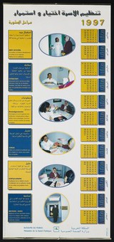 Calendar for 1997 bearing photos of a woman visiting a family planning clinic in Morocco. Colour lithograph by Moroccan Ministry of Health, 1997.