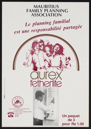 A man dispensing condoms from a machine: advert for durex condoms and family planning in Mauritius. Colour lithograph by Mauritius Family Planning Association, ca. 2000.