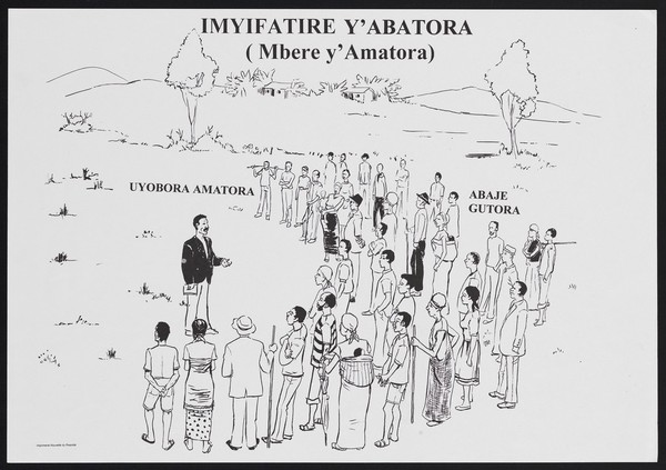 A crowd of Rwandans around a speaker: democracy and governance in Rwanda. Lithograph, ca. 2001.